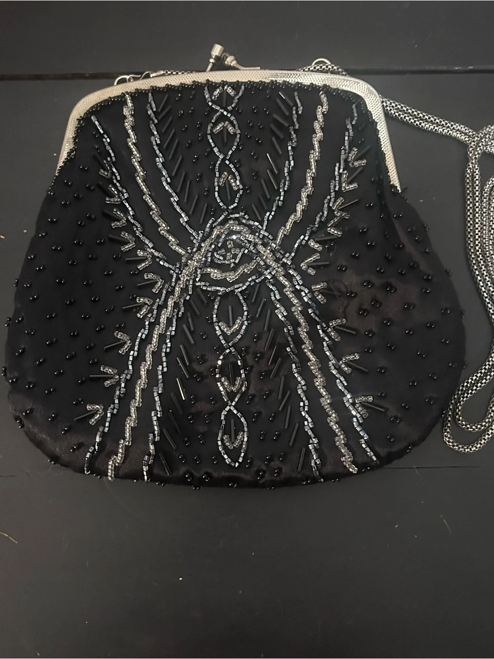 Vintage Regale Ltd Black Beaded Evening Bag Kiss Lock Clutch Purse Chain Strap